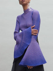 Striped Stand Neck Flare Knit Long Sleeve Top