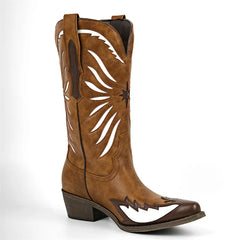 Side view of a brown pointed toe cowgirl boot with white embroidery