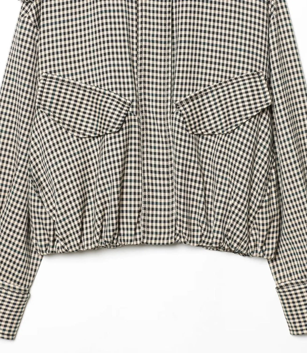 Gingham check shirt with two front pockets on a white background