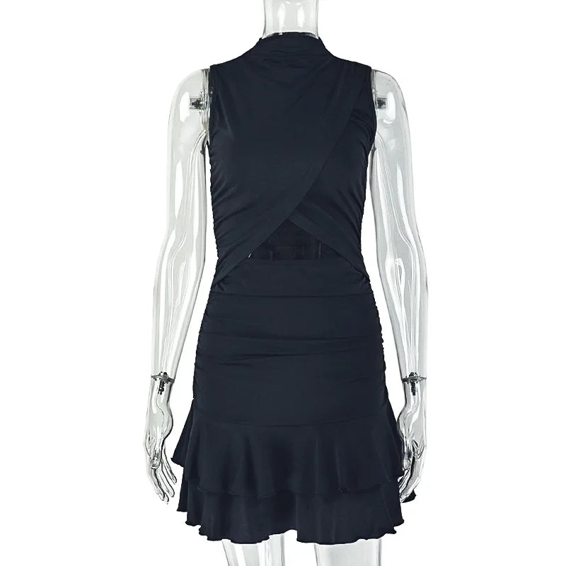 Black sleeveless dress on a transparent mannequin against a white background