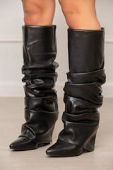 Camouflage Pleated Wedge Knee High Boots