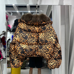 Back view of leopard print puffer jacket