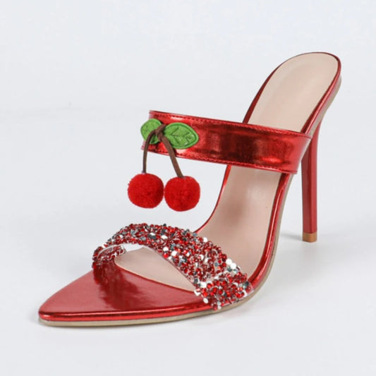 Red heeled slipper with cherry embellishment and sequin strap