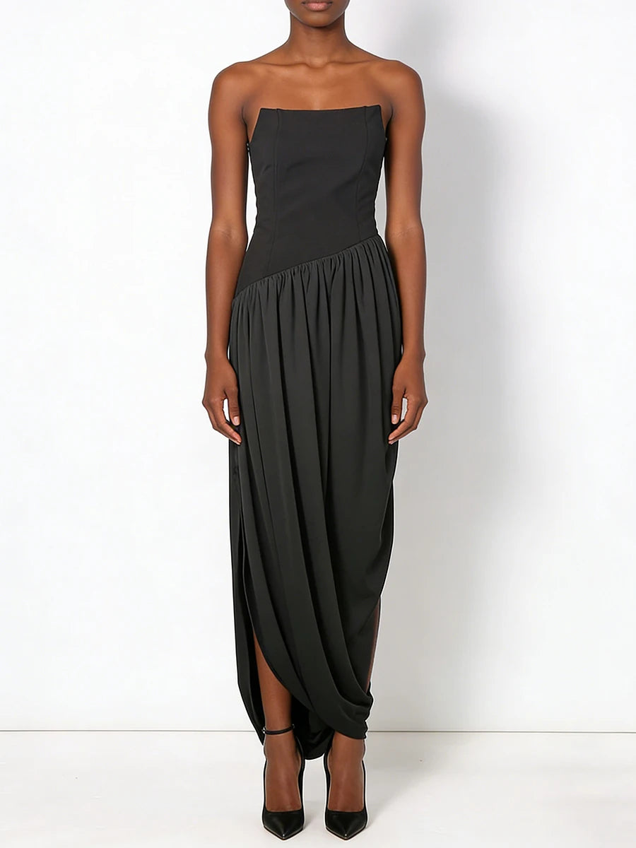 Black strapless gown on a white background