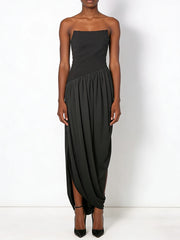 Black strapless gown on a white background