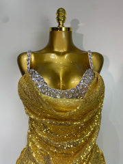 Gold Sequin Cowl Neck Drawstring Bodysuit