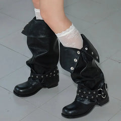 Foldable Snap Button Knee High Boots