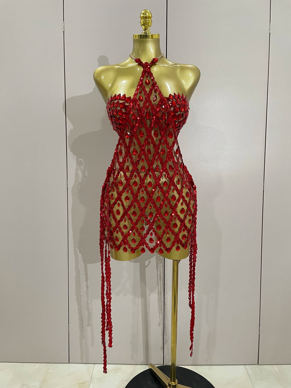 Red diamond mesh halter mini dress with sequin embellishments