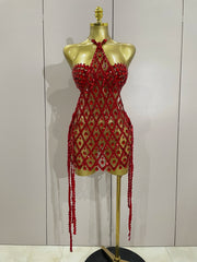 Red diamond mesh halter mini dress with sequin embellishments