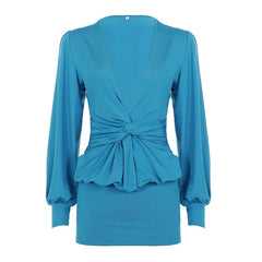 Twisted Blue Deep Neck Long Sleeve Mini Dress