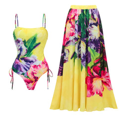 Ruffled Floral Print One-Piece Swimsuit and Maxi Skirt Set