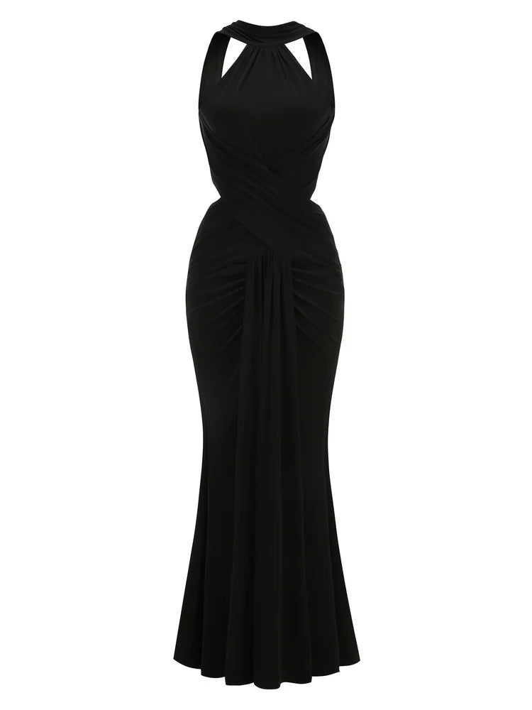 Ruched halter fishtail dress front detail