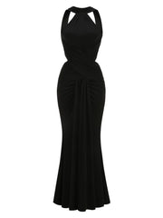 Ruched halter fishtail dress front detail
