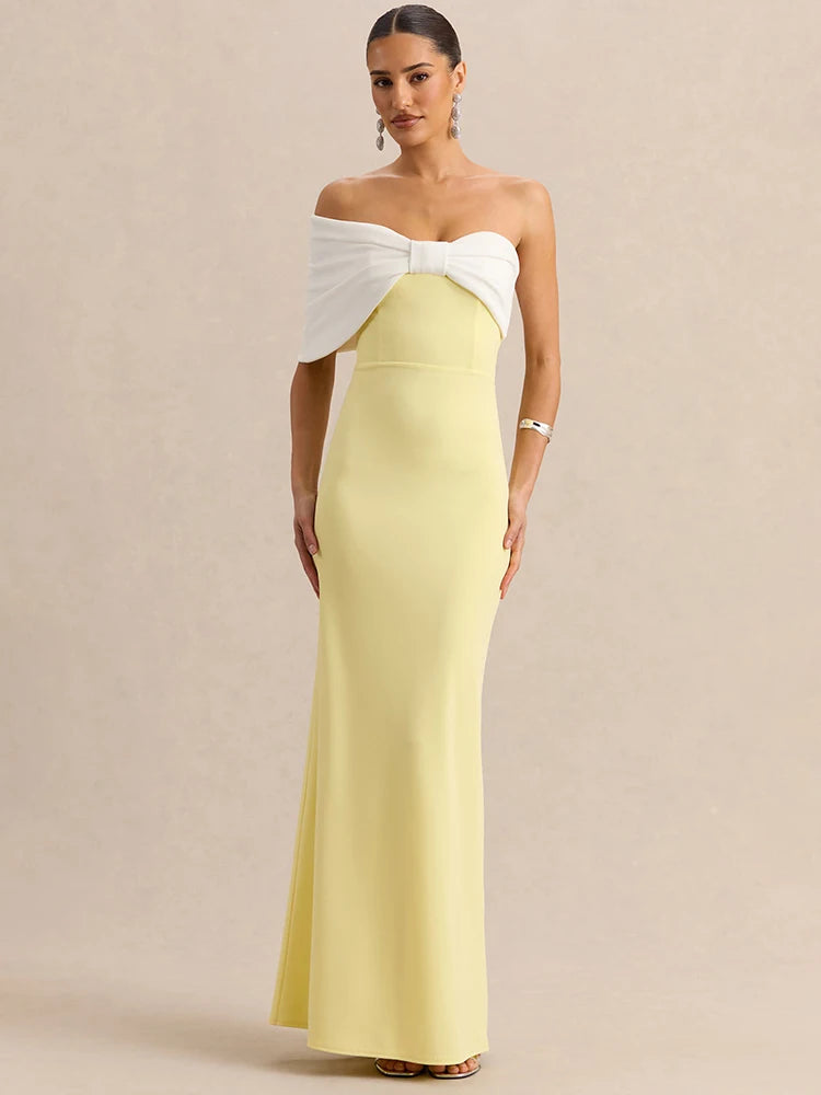 Yellow off-shoulder bow maxi dress