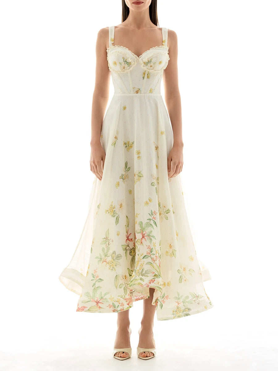 Full view of a floral print corset midi dress
