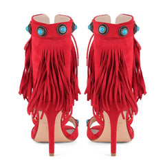 Red fringe jewel embellished stiletto boots back view