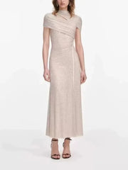 Light gold sequin midi dress with a high neckline and cut-out detail.
