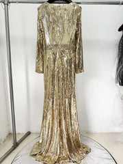 Gold & Black Sequin Gown | Elegant Long Sleeve Evening Dress