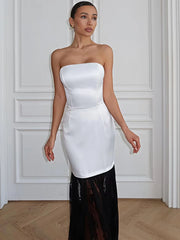 Strapless lace patchwork maxi dress white front detail
