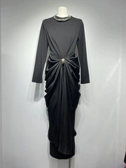 Satin Drape Maxi Dress with Shirred Waist and Long Sleeves