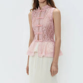 Pink lace peplum stand collar sleeveless top with frog button closure