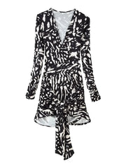 Zebra Print Long Sleeve Tie Waist Mini Dress
