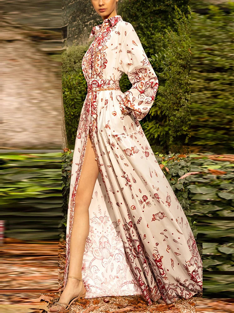 Maxi dress with sea world print and belted waist