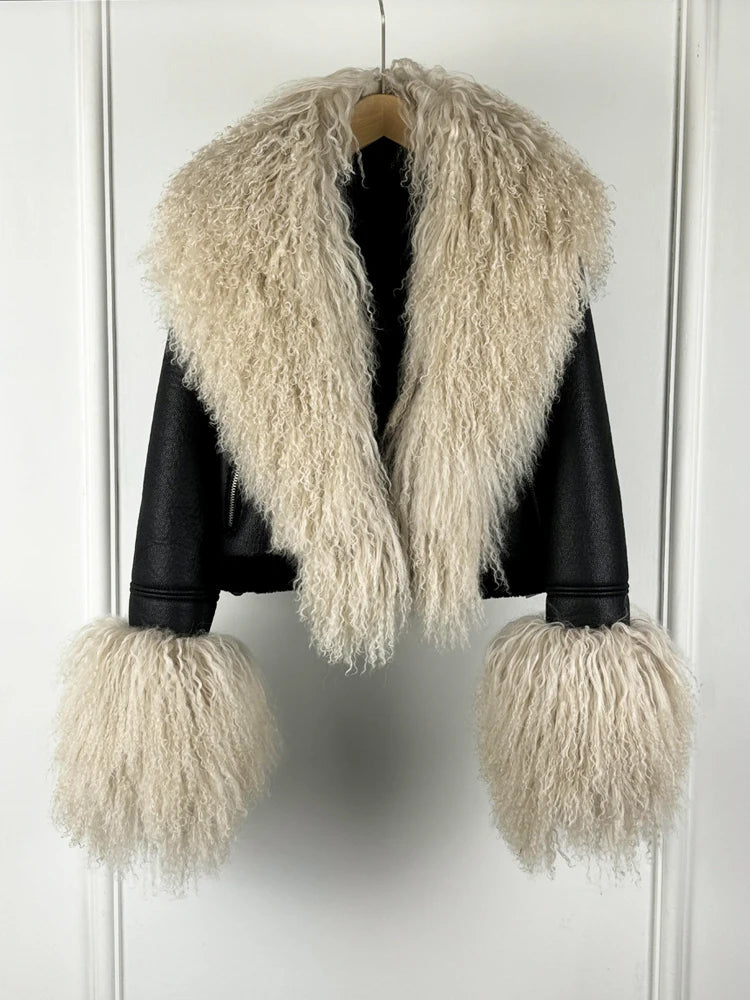Black faux leather jacket with cream fur collar and cuffs