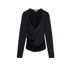 Long Sleeve V-neck Sold Drape Top