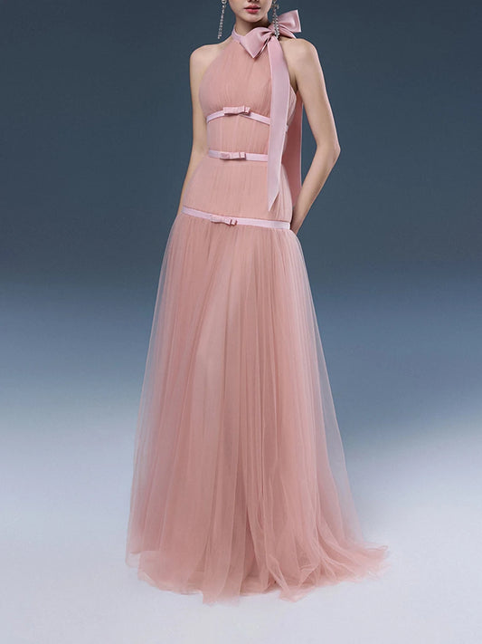 Pink halter bow tulle maxi dress front view