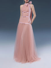 Pink halter bow tulle maxi dress front view