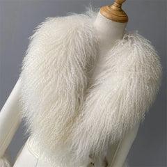 White fluffy scarf on a mannequin against a gray background