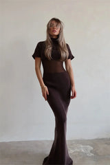 Sheer Panel Turtleneck Maxi Dress