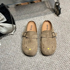 Taupe suede Hello Kitty buckle mules