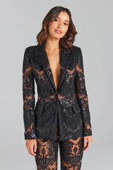 Close-up of the black sequin embroidered lace blazer detail.