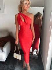One-Shoulder Ruched Corset Midi Dress