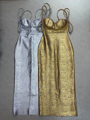 Metallic Spaghetti Strap Beaded Maxi Dress