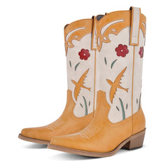 Pair of tan and white cowboy boots with floral designs on a white background