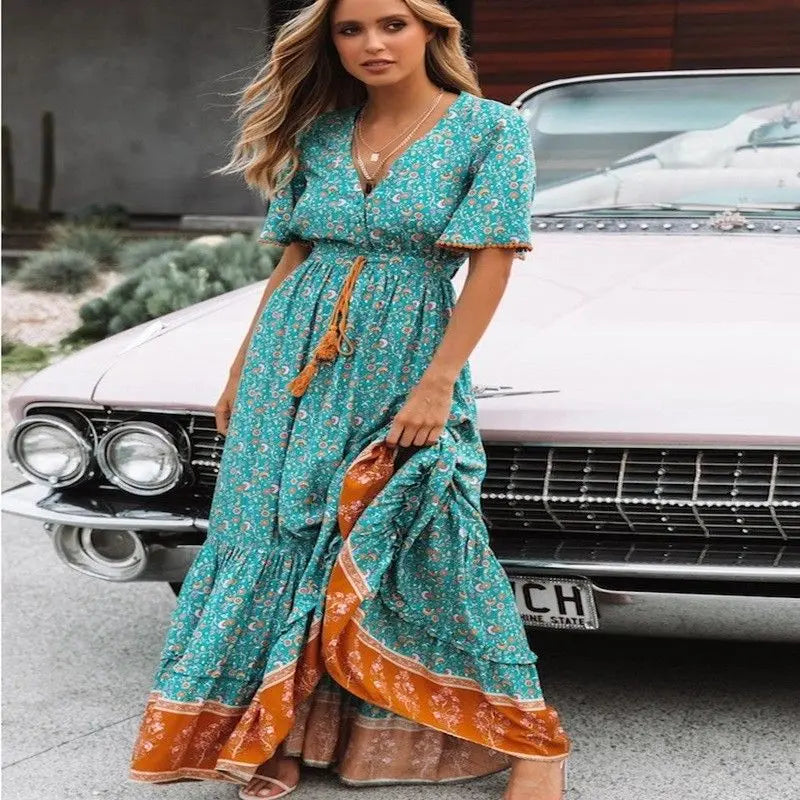 Close-up of bohemian floral print V-neck maxi dress