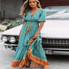Close-up of bohemian floral print V-neck maxi dress