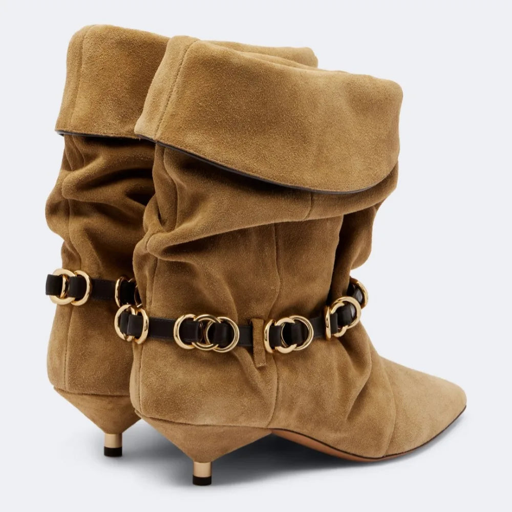 Rear view of fold-over suede kitten heel boots with metal chain detail