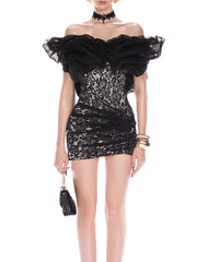 Black lace dress with ruffled sleeves