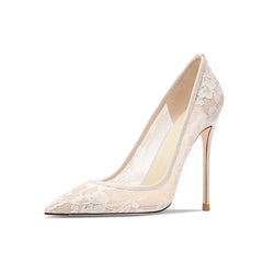 White lace high-heeled shoe on a white background