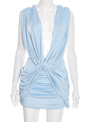 Deep V Neck Twisted Drape Mini Dress
