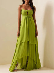 Green square neck maxi dress with a keyhole cutout and flowing skirt