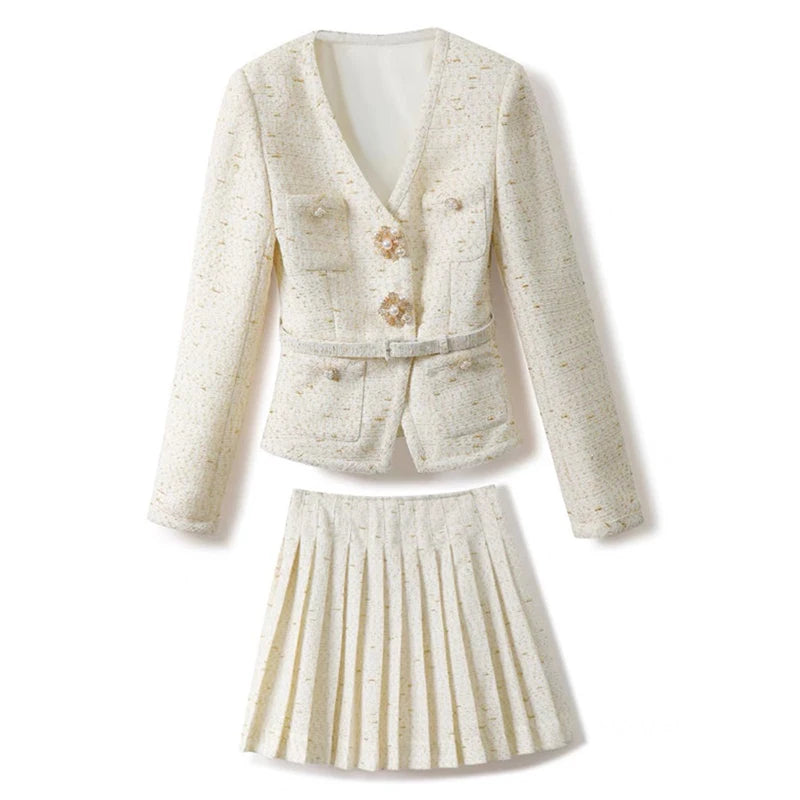 White textured blazer and skirt set