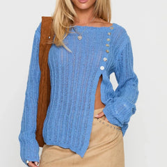 Asymmetric Button Slit Knit Top