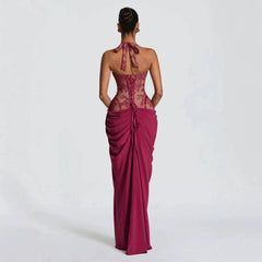 Lace Halter Neck Corset Drape Waist High Slit Maxi Dress