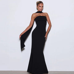 Strapless Maxi Dress with Sculpted Scarf Collar