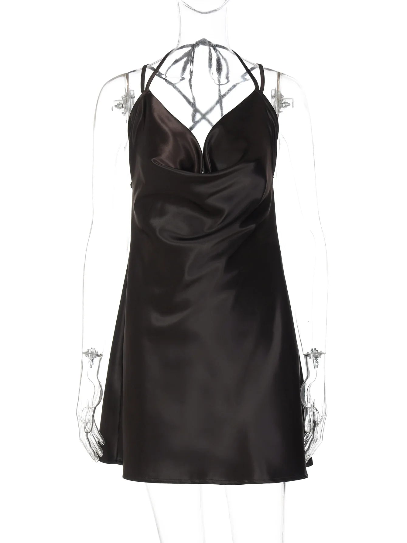 Black satin slip dress on a mannequin against a white background